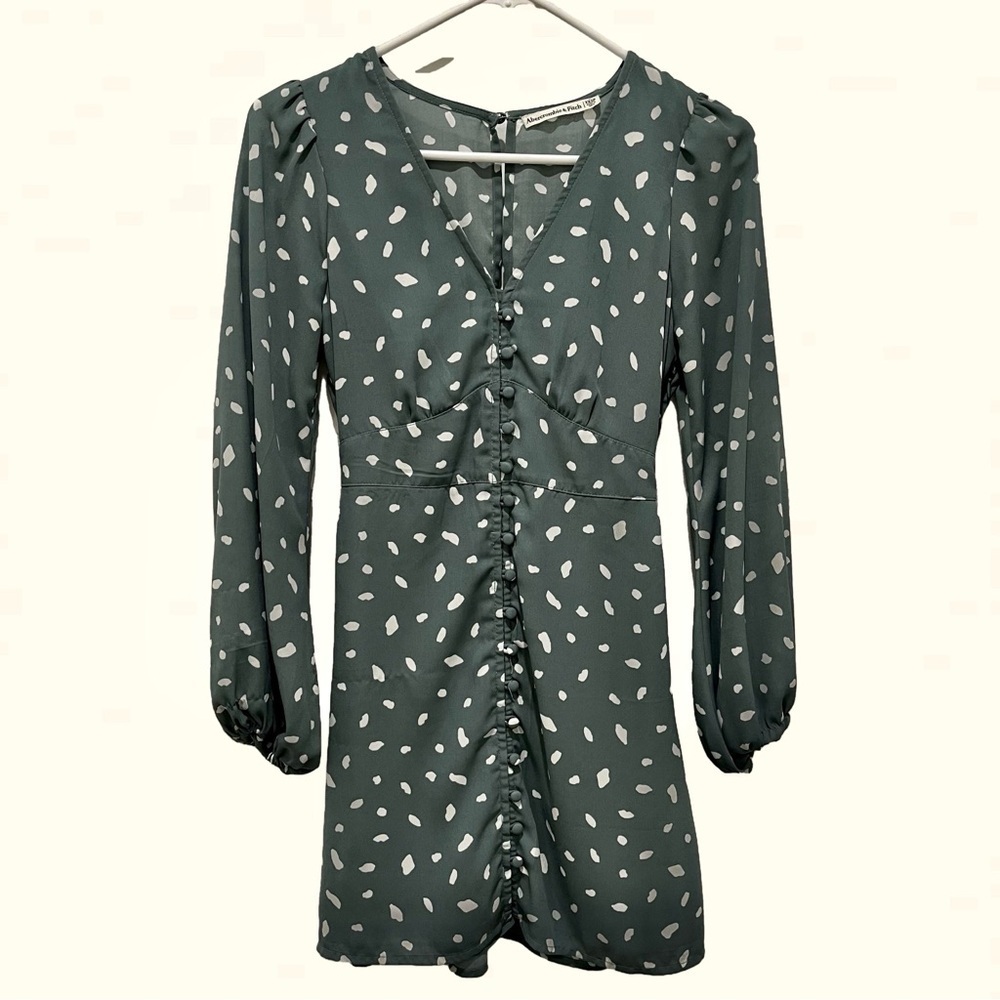Abercrombie & Fitch Green Long-Sleeve Polka Dot Mini Dress